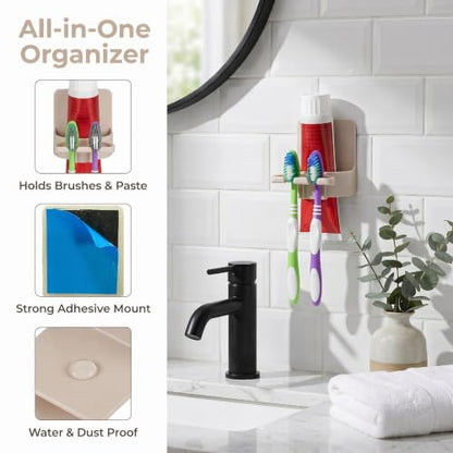 Adhesive Toothbrush Holders, Wall Mounted Space Saving 3 in 1 with Gargle Cup, for Bathroom Shower Mirror, Stick On Tooth Paste Hanger, Daily Use