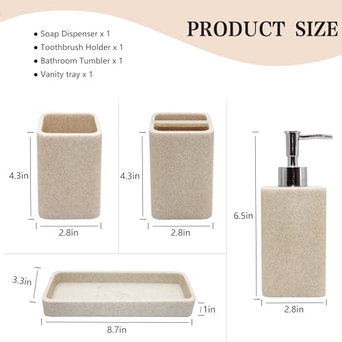 Bathroom Accessories Set, 4 Piece Toothbrush Holder Set - Sand Beige | Bathroom Accessory Set with Soap Dispenser, Toothbrush Holder, Tumbler, Vanity Tray, Bathroom Sink Set for Modern Home Decor - style: Beige