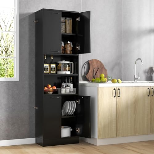 NAFORT Bathroom Storage Cabinet, 75" Freestanding Tall Cupboard with Shelves, Anti-toppling Devices & Non-Slip Foot Pads, Modern Slim Cabinet for Livingroom, Dining Room & Bath Room - color: Black