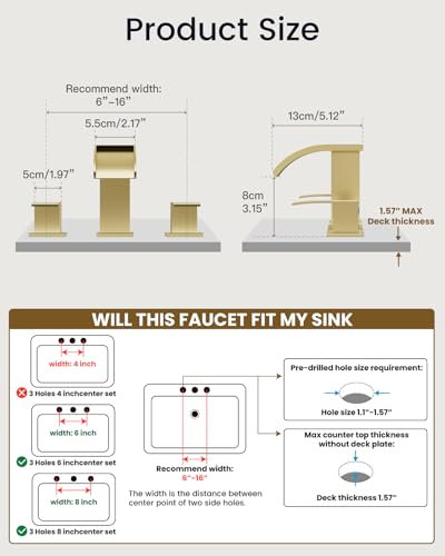 gotonovo Waterfall Bathroom Faucet 3 Hole Square Body,Brushed Gold | SUS304 8’’ Widespread Bathroom Sink Faucet,2.17’’ Wide Spout,24’’ cUPC Hose,Pop Up Drain,2 Handle,Vanity,Lavatory,Basin,RV - color: Gold