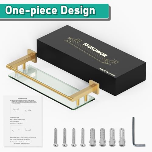 Glass Shelf for Bathroom Rectangular Stainless Steel Tempered Glass Modern Stainless Steel Wall Mount Shelf (Brushed Gold, 16‘’ with Railing) - color: Brushed Gold, size: 16'' with Railing