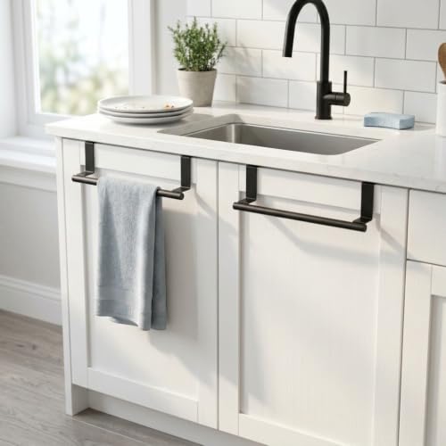 Cabinet Door Towel Bar, Kitchen Towel Holder, Matte Black 2 Pack | Extended Anti-Slip Arm, EVA Scratch Guard Pads, No-Drill Install, Stainless Steel Dish Towel Holder, Kitchen Towel Rack - color: Black - 2 Pack