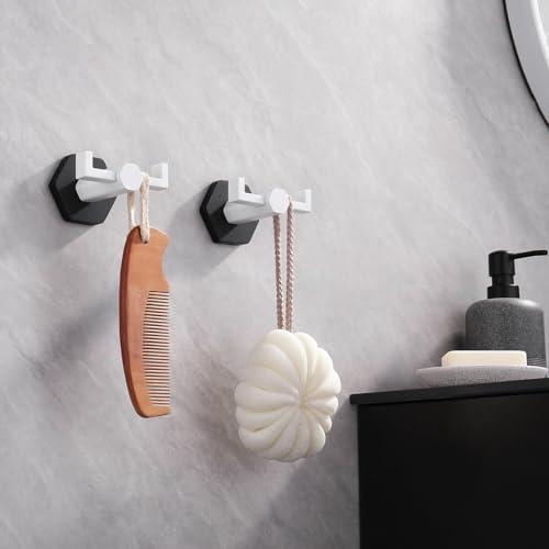 GERZWY White & Black Bathroom Double Towel Hook Stainless Steel Coat/Robe Clothes Hook for Bath Kitchen Modern Hotel Style Wall Mounted 2 Pack - color: White & Black