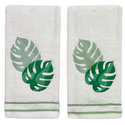 Serafina Home Coastal Tropical Palm Leaves Embroidered Bath Hand Fingertip Towels, Green on Ivory, 100% Cotton, Set of 2, 12 x 18 inches - color: Monstera