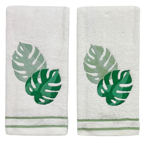Coastal Tropical Fingertip Bathroom Towels, Palm Leaves, Set of 2, 12x18 | 100% Cotton, Embroidered Green Grey Monstera Leaves, Perfect Nautical Beach Lake Seaside Bath or Kitchen Decor or Gift - color: Monstera