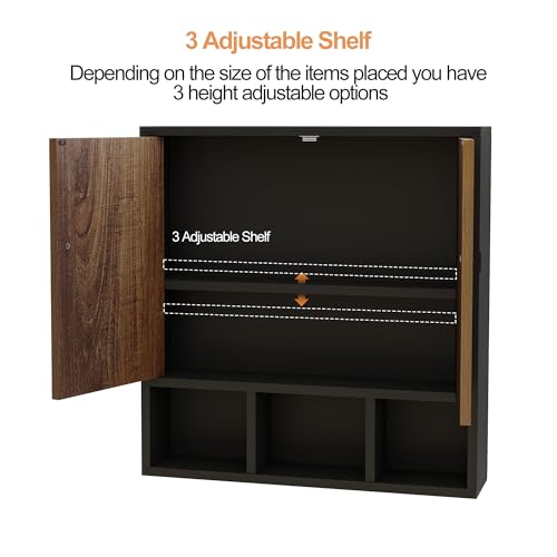 Bathroom Wall Cabinet,Wooden Medicine Cabinet with Fluted Doors Over The Toilet Storage Cabinet with Adjustable Shelf for Bathroom (Black) - color: Black-wood Block