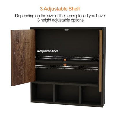Bathroom Wall Cabinet,Wooden Medicine Cabinet with Fluted Doors Over The Toilet Storage Cabinet with Adjustable Shelf for Bathroom (Black) - color: Black-wood Block