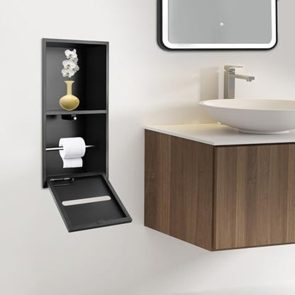 Recessed Toilet Paper Holder, Stainless Steel Shower Niche, Bathroom Wall Niche, Durable Tissue Roll Holder Wall Mount for Bathroom, Space Saving Shampoo Storage Organizer, Black - color: Black