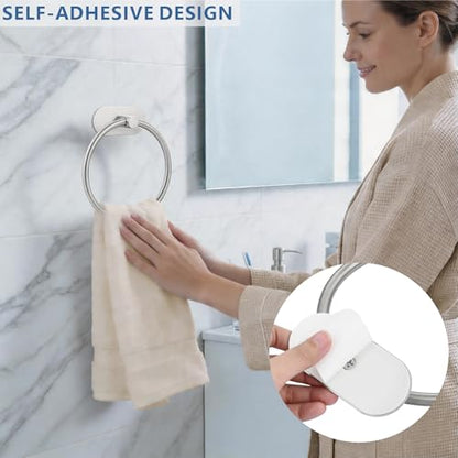 Self-Adhesive Towel Ring, No Drill Stainless Steel Round Hand Towel Holder, Rustproof Waterproof Towel Hanger with Strong Sticky Base, Wall-Mounted Towel Loop for Bathroom Kitchen (Brushed Nickel) - color: Brushed Nickel
