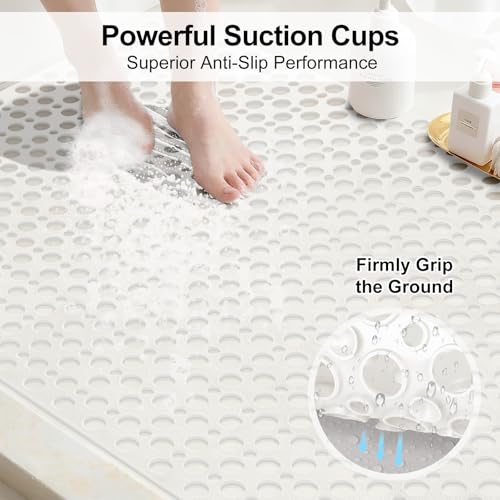 Non Slip Shower Mat with Suction Cups, 31.5x47.2 Inch Quick Drain TPE Anti Slip Shower Mats for Inside Shower, Large Shower Stall Mat Soft on Feet, Easy to Dry&Cut Machine Washable - color: White, size: 31.5" x 47.2" (Rectangular)