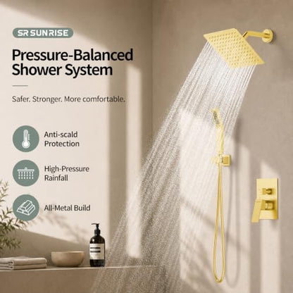 SR SUN RISE Shower System - Shower Faucet Set with 8 Inch Rain Shower Head and Handheld Shower - High Pressure Rain Shower System - All Metal Shower Faucet Trim Repair Kits - Brushed Gold - color: Brushed Gold, size: 8 Inch