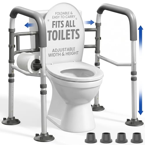Toilet Safety Rails for Seniors 350lb, Adjustable Height & Width Toilet Bars for Elderly | Foldable Non-Slip Toilet Safety Frame, 4 Suction Cups & 4 Tips, Reinforced 2 C-Clamp – Fits Most Toilets