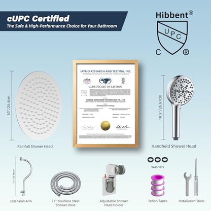 Hibbent All Metal CUPC Certified Shower Head, 10'' High Pressure Rainfall Shower Head, Handheld Showerhead Combo with 12'' Adjustable Extension Arm, 10-Spray, 71'' Shower Hose, Shower Holder, Chrome - color: Chrome, style: Round 10''