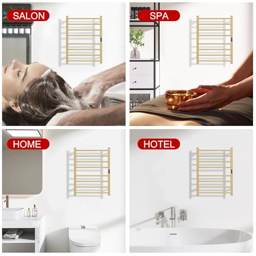 Electric Towel Warmer Rack,Heating Towel Warmer,Timer & Temperature Control,Wall-Mounted Plug-in for Bathroom,Gold,Stainless Steel,8-Bar(27.56x20.87x4.41in) - color: Round-matte Gold With Brushed Top, size: 8 Bars