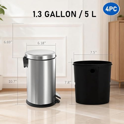 SIMPLYKLEEN Bathroom Trash Can with Lid - 4PC 1.3 Gallon/5L Oval Small Trash Can with Soft-Close Lid, Foot Pedal, Brushed Stainless Steel, Removable Liner, Garbage can for Kitchen, Office, Home Silver - color: Silver, size: 5L Oval 4PC