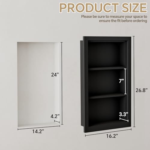 Solid Wood 14 X 24 Recessed Medicine Cabinet,3-Tier, Medicine Cabinet Organizer,Wall Niche, Bathroom Wall Cabinet, Recessed Bathroom Cabinet,recessed Wall Cabinet, Black - color: Black, size: Classic 3-Tier