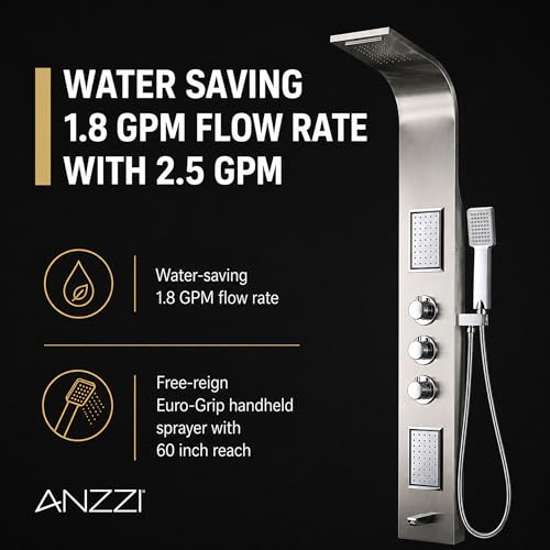 ANZZI Shower Panel Tower, Field 58 Inch Long Turbo High Pressure Shower | Handheld Sprayer Type Free Reign Euro Grip With 60 Reach, Includes One 1 Mesa Full Body One 1 Heavy Rain Head