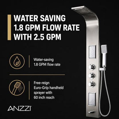 ANZZI Shower Panel Tower, Field 58 Inch Long Turbo High Pressure Shower | Handheld Sprayer Type Free Reign Euro Grip With 60 Reach, Includes One 1 Mesa Full Body One 1 Heavy Rain Head