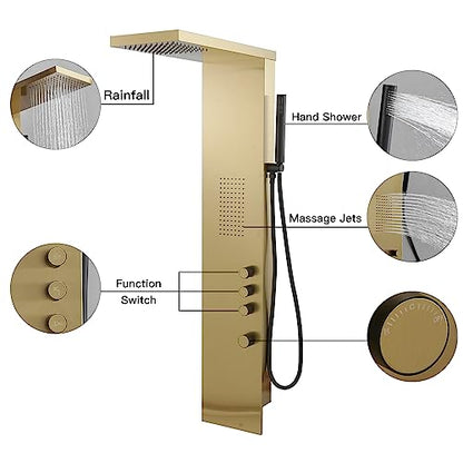BWE 3 IN 1 Shower Panel Stainless Steel Shower Panel Tower System | Rainfall Shower Head with Handheld Shower and Rain Massage Body Jets Wall Mount Shower System,Brushed Gold - color: Brushed Gold