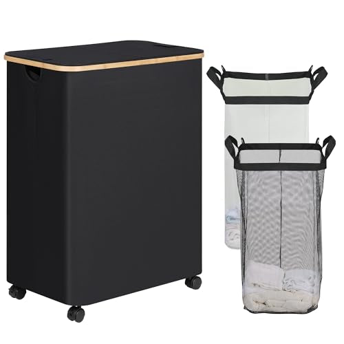 efluky Double Laundry Hamper with Wheels, Divided Laundry Hamper with Removable Bags, 2 Section Dirty Clothes Basket with Handles for Bathroom, Bedroom & Laundry Room, 160L Dark Black - color: Black, size: 160L