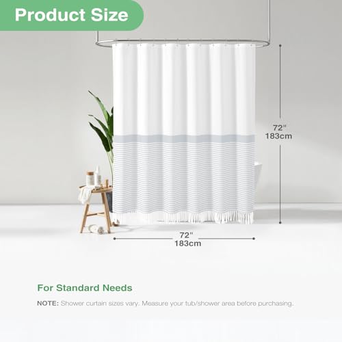 Grey Fabric Shower Curtain, Farmhouse Boho Striped Tassel Shower Curtains for Bathroom, Bohemian Textured Cloth Shower Curtain Set with Hooks, Water Repellent, Wrinkle Free, 72x72 - color: Grey, size: 72"W x 72"L (Pack of 1)