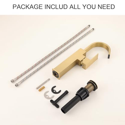 Brushed Gold Vessel Sink Faucet, Single Handle Tall Bathroom Faucet,Waterfall Bathroom Faucet Single Hole Lavatory Vanity Tap Single Hole Bar Sink Faucet with Pop Up Drain and Supply Lines,SL50044BG - color: Brushed Gold, size: Tall