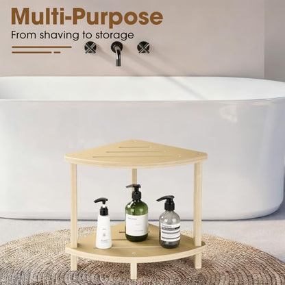 Corner Shower Stool for Inside Shower, 17in Shower Foot Rest for Shaving Legs with Storage Shelf 2-Tier, Waterproof Bath Stool Bench for Small Spaces Bathroom Seat
