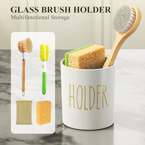 Cisily Kitchen Soap Dispenser Set Comes with Ceramics Sponge Holder, Gold Pumps, and Instant Dry Tray, Hand and Dish Soap Dispenser Set (4, Gold + White + Brush Holder) - color: Gold + White + Brush Holder