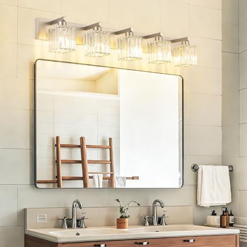 Aipsun Brushed Nickel Bathroom Lighting Fixtures 5 Light Vanity Light Crystal Modern Bathroom Vanity Light (Exclude Bulb) - color: Brushed Nickel, size: 40 inch