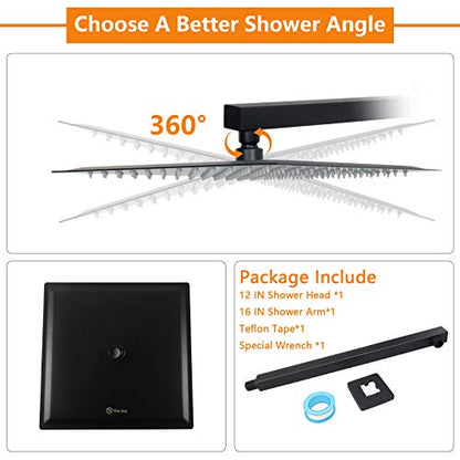 Shower Head with Extension Arm, High Pressure Square with ShowerArm, Stainless Steel Rainfall -Waterfall Full Body Coverage (12'' Shower with 16'' Arm, Matte Black) - color: Matte Black, size: 12'' Shower with 16'' Arm