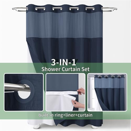 eachope No Hook Shower Curtain with Snap-in Fabric Liner Set,Slub Textured Fabric Shower Curtains for Bathroom,Hotel Style Modern Shower Curtain,Water Repellent & Washable,71x74(72),Navy Blue | Hotel Style Fabric with See-Through Top Window, Water Repelle
