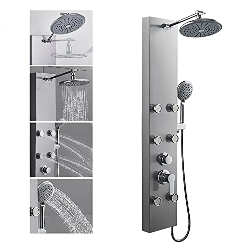 ROVOGO Shower Panel Tower System With Adjustable Shower Head, Brushed | 6 Body Jets, Self-Cleaning Rain Shower and Handheld, Brass Shower Arm and Valves, Stainless Steel Shower Column, 47-1/4 Inch - color: Brushed Panel+Chrome Fixtures