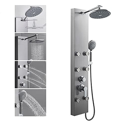 ROVOGO Shower Panel Tower System With Adjustable Shower Head, Brushed | 6 Body Jets, Self-Cleaning Rain Shower and Handheld, Brass Shower Arm and Valves, Stainless Steel Shower Column, 47-1/4 Inch - color: Brushed Panel+Chrome Fixtures