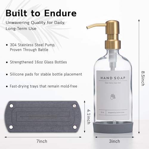 [Luxury] Kitchen Soap Dispenser Set - 16OZ Clear Glass Bottle, Stainless Steel Pump, Instant Dry Tray, Waterproof Labels, Non-Slip Silicone Pad, and Dish Brush | Upgrade for Your Kitchen and Bathroom - color: Transparent Bottle + Gold Pump