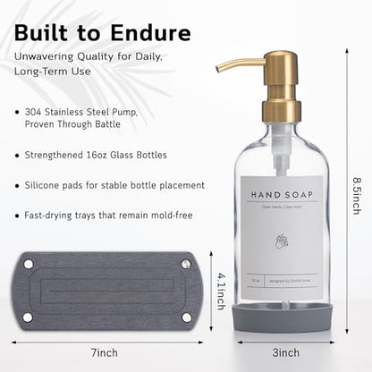 [Luxury] Kitchen Soap Dispenser Set - 16OZ Clear Glass Bottle, Stainless Steel Pump, Instant Dry Tray, Waterproof Labels, Non-Slip Silicone Pad, and Dish Brush | Upgrade for Your Kitchen and Bathroom - color: Transparent Bottle + Gold Pump