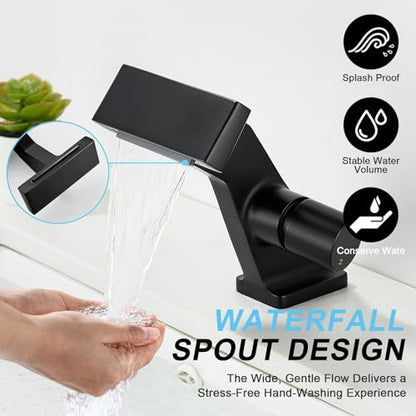 BAKALA Black Waterfall Bathroom Faucets, Single Hole Single Handle Brass Bathroom Sink Faucet Deck Mount, Rv Lavatory Vanity Faucet with 2 Supply Holes - color: Matte Black