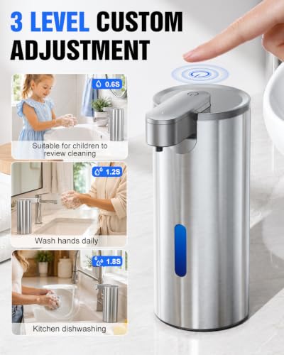 Fantictas Automatic Soap Dispenser Touchless, Stainless Steel 11.5 oz | Touchless Soap Dispenser for Hand or Dish Soap, USB-C Rechargeable with 3 Adjustable Levels, for Kitchen Sink and Bathroom - color: Stainless Steel, style: Gel