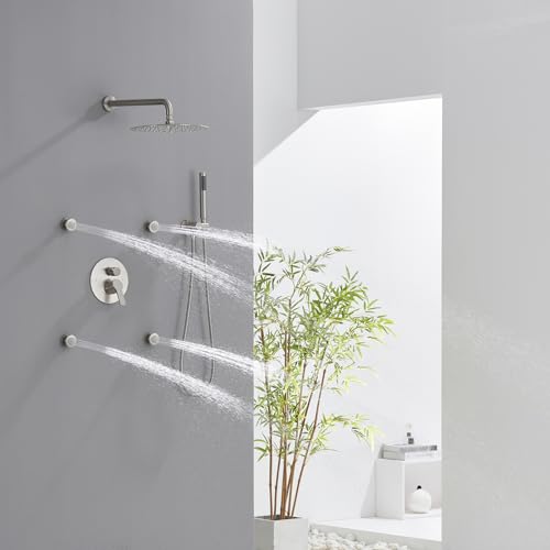 Iriber Brushed Nickel Round Rain Shower System with 4 PCS Body Jets 3 Function Shower Faucet Set Contain 12 Inch Shower Head and Handheld Wall Mounted Pressure Balance Shower Trim Kit (Valve Included) - color: Brushed Nickel 04