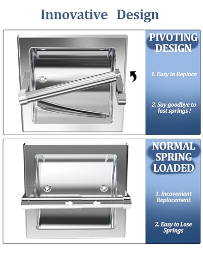 Chrome Recessed Toilet Paper Holder Wall Mounted 304 Stainless Steel | Polished Finish Post Pivoting Design Easy to Change Roll, in Wall Toilet Paper Holder for Mega Roll Waterproof & Rustproof - color: Chrome