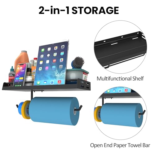 UNITEDPOWER Paper Towel Holder with Shelf, 2-in-1 Wall Mount Spray Bottle Rack, Storage Organizer for Home, Metal Garage Quick Clean Station, Holds 40 lbs