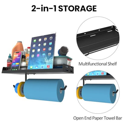 UNITEDPOWER Paper Towel Holder with Shelf, 2-in-1 Wall Mount Spray Bottle Rack, Storage Organizer for Home, Metal Garage Quick Clean Station, Holds 40 lbs