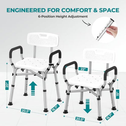 Shower Chair for Inside Shower with Arms & Back, 550 lbs, 6 Heights | Dual Crossbar Frame, Non-Slip Feet, 22-Inch EVA-Cushioned Seat, Showerhead Holder, Rust-Resistant Aluminum, Tool-Free Setup - color: White