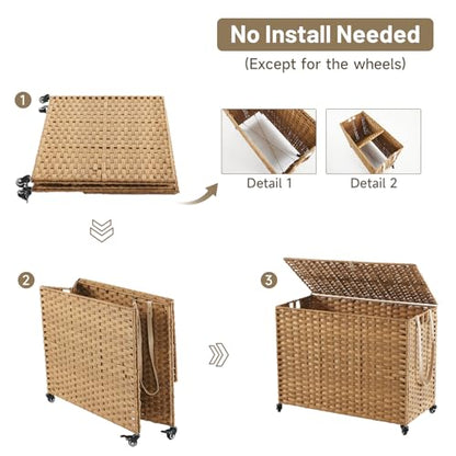 Laundry Hamper with Wheels, 60.72 Gallon(230L) Rolling Laundry Basket with Lid, Removable Large 3 Color Liners & 3 Mesh Laundry Bags, Clothes Hamper with Side Pocket, Natural - color: Natural, size: 35.43"L x 15.75"W x 25.6"H