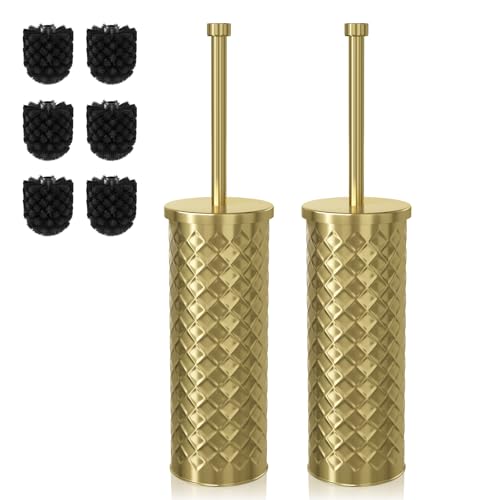 Toilet Bowl Brush and Holder Set 2 Pack with 4 Extra Brush Heads (Gold) | Extra Long Handle with Splash Guard Cover, Tool-Free Installation, Bathroom Space-Saving, Cleaner Sets for Apartments, RV - color: Gold