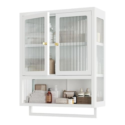 Bathroom Wall Cabinet with 2 Glass Door, Bathroom Medicine Cabinet with Towels Bar and Shelves, Over The Toilet Storage Cabinet, Metal Wall Mounted Cabinet for Kitchen (Upgraded White) - color: Upgraded White