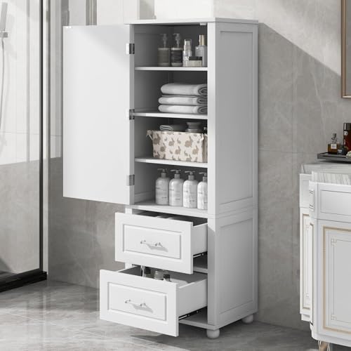 Tall Bathroom Storage Cabinet, Wood Bathroom Kitchen Pantry Cabinet with 2 Drawers and 2 Adjustable Shelves, Freestanding (White) - color: White, size: 23“x15”x61“