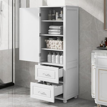 Tall Bathroom Storage Cabinet, Wood Bathroom Kitchen Pantry Cabinet with 2 Drawers and 2 Adjustable Shelves, Freestanding (White) - color: White, size: 23“x15”x61“