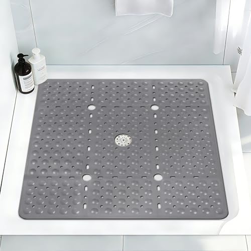 Square Shower Mat Non Slip, 27 x 27 Inch Quick Drain TPE Anti Slip Shower Mats for Inside Shower, Soft Shower Floor Mat with Suction Cups, Quick Drying, Machine Washable - color: Grey