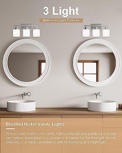 Bathroom Light Fixtures Over Mirror, 3-Light Vanity Lights Brushed Nickel, Modern Bathroom Vanity Light, Glass Shade & Anti-Rust Nickel Finished, Bathroom Light for Small Space - color: Brushed Nickel-3 Light