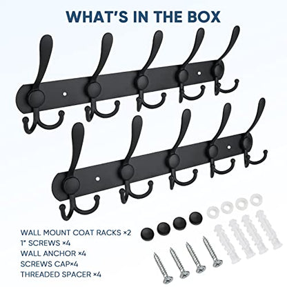 TICONN Wall Mounted Coat Rack, Five Heavy Duty Tri Hooks All Metal Construction for Jacket Coat Hat in Mudroom Entryway (Matte Black, 2-Pack) - color: Matte Black